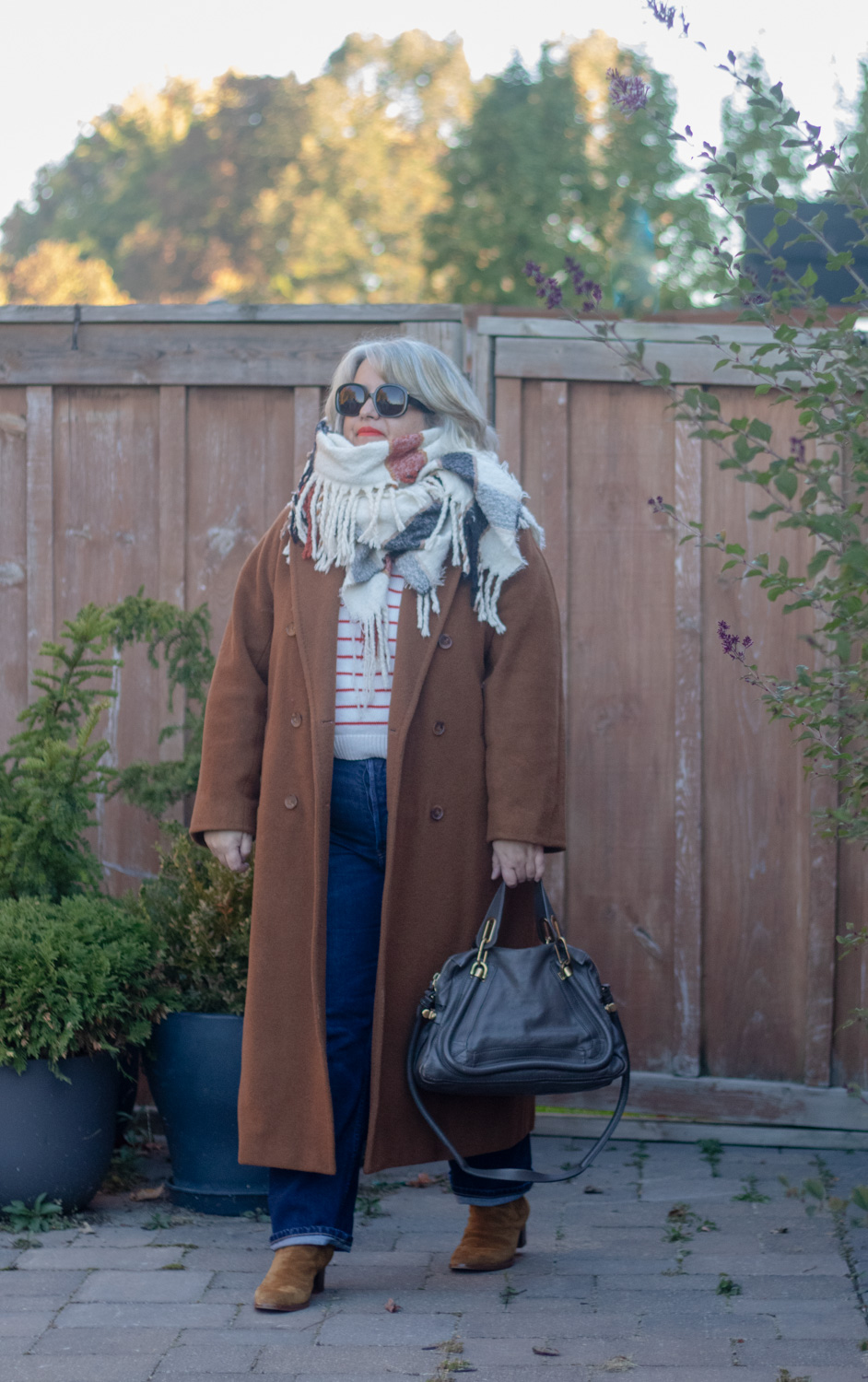 classic fall outfit, dark camel coat, fringe scarf