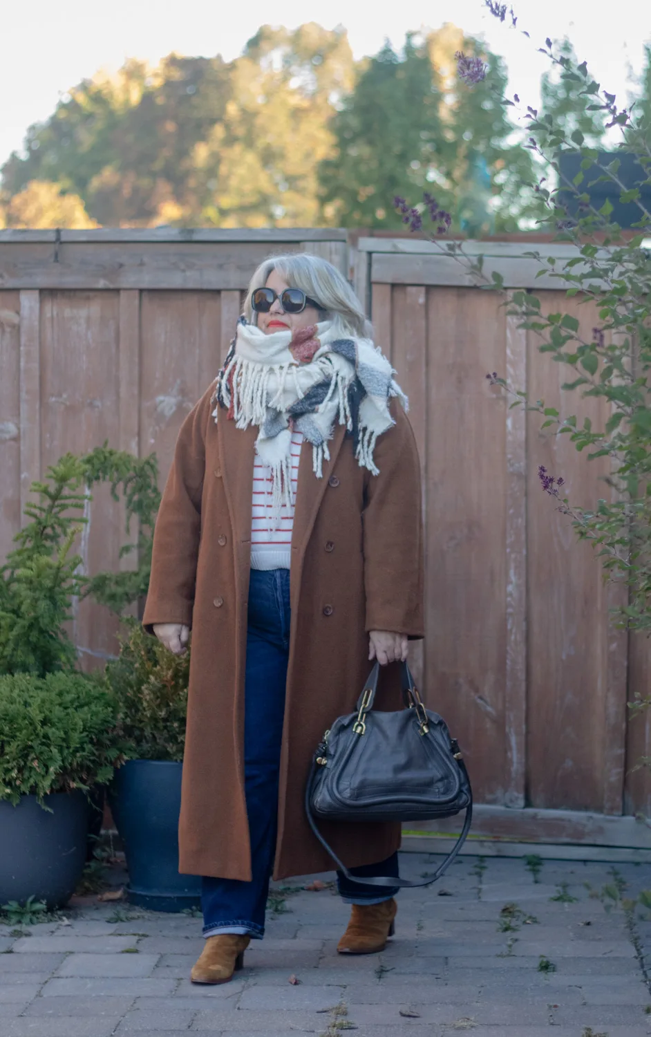 classic fall outfit, dark camel coat, fringe scarf