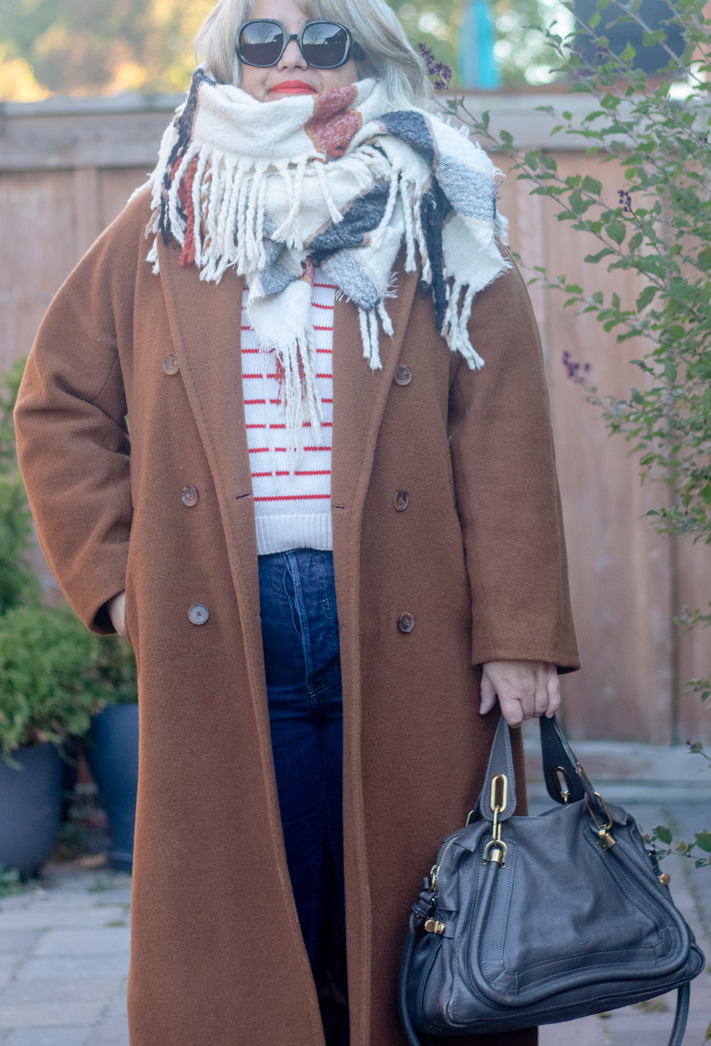 aritzia slouch coat outfit with big scarf and sezane sweater