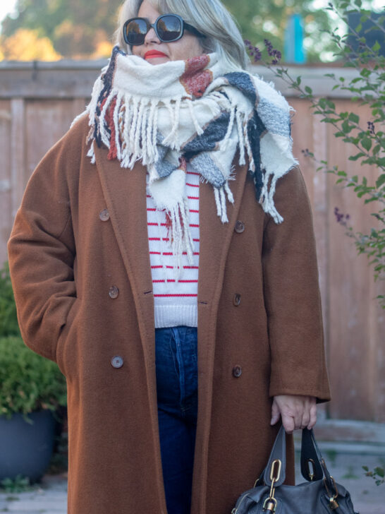 aritzia slouch coat, big zara scarf, stripe leontine sweater