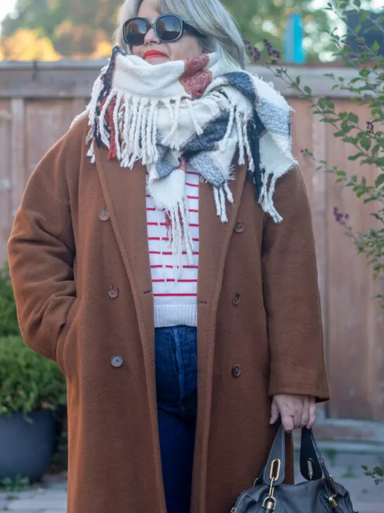 aritzia slouch coat, big zara scarf, stripe leontine sweater