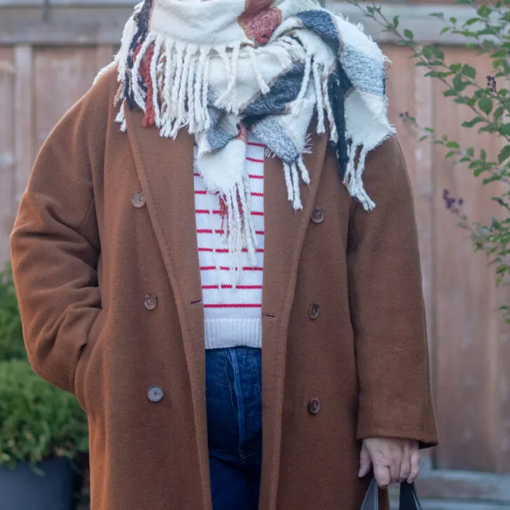 aritzia slouch coat, big zara scarf, stripe leontine sweater