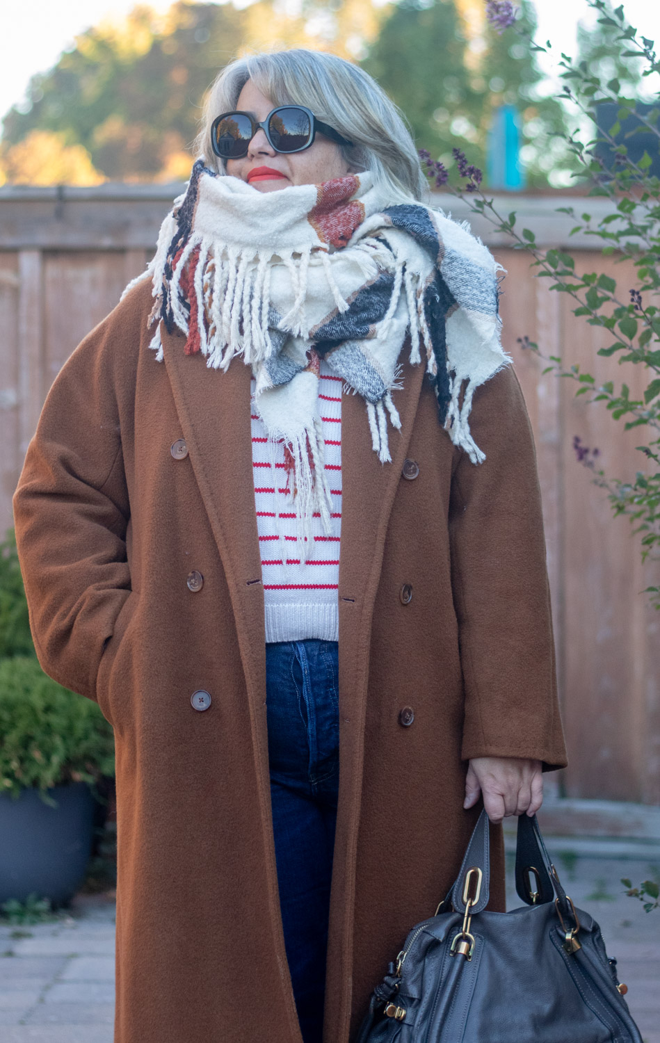 aritzia slouch coat, big zara scarf, stripe leontine sweater