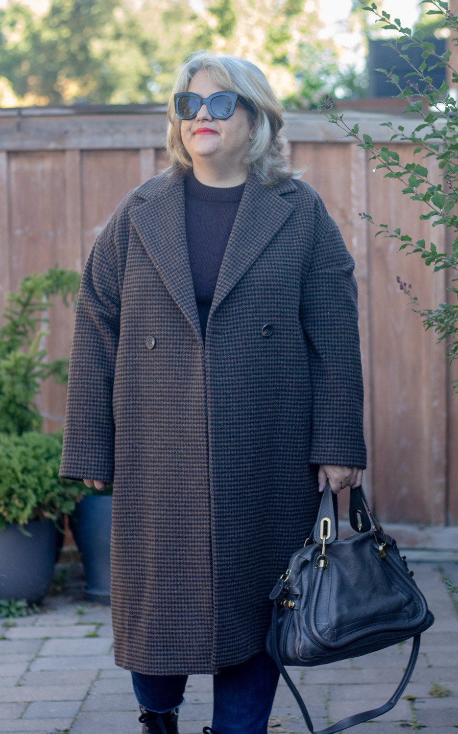 black and brown houndstooth coat outfit