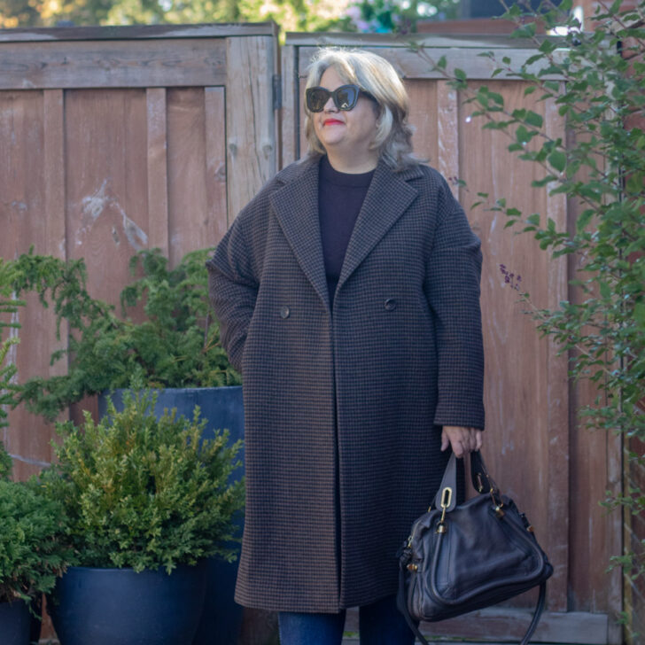 black and brown houndstooth coat outfit