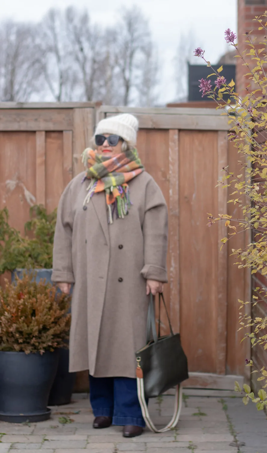 greige coat with plaid scarf winter outfit