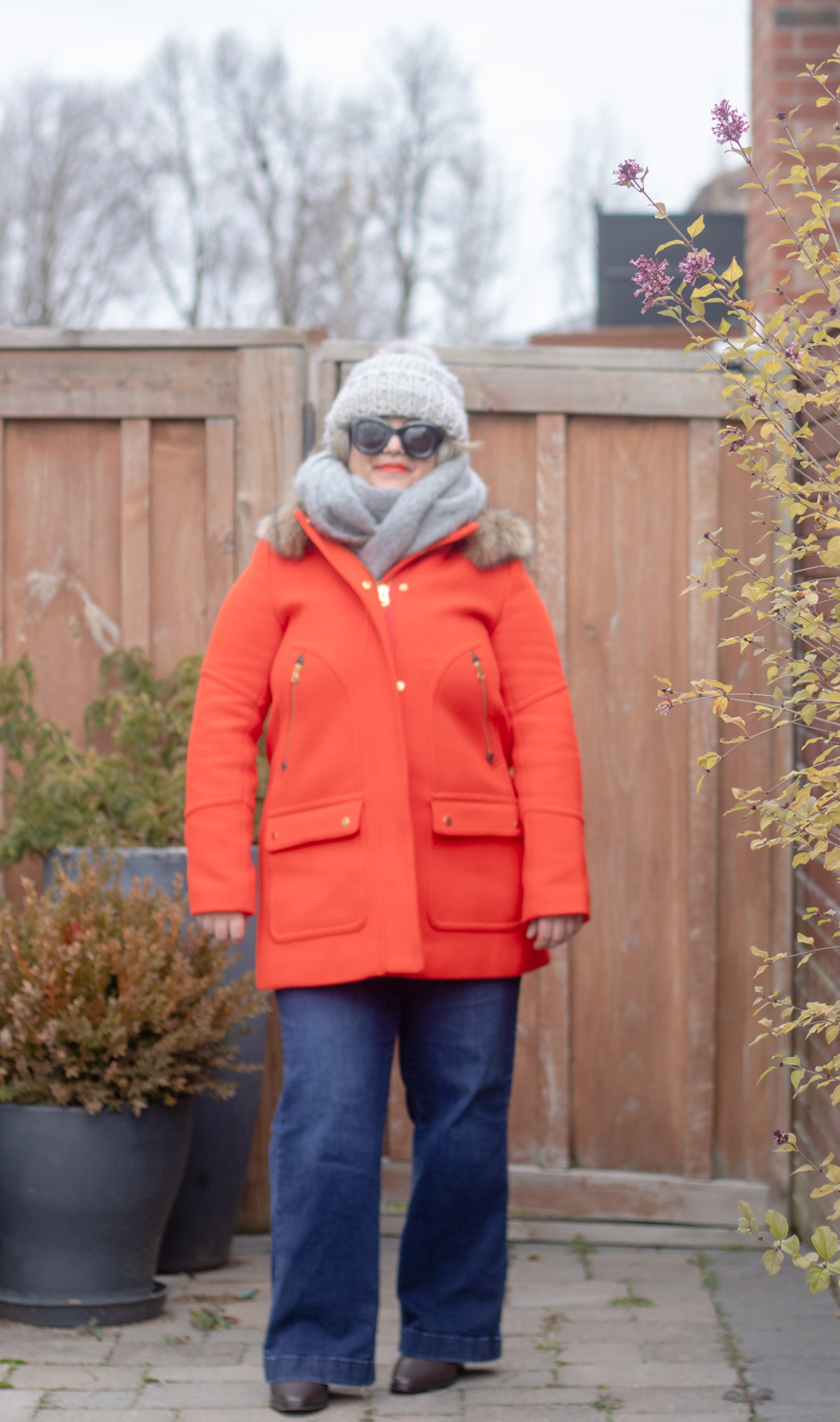 red coat and grey