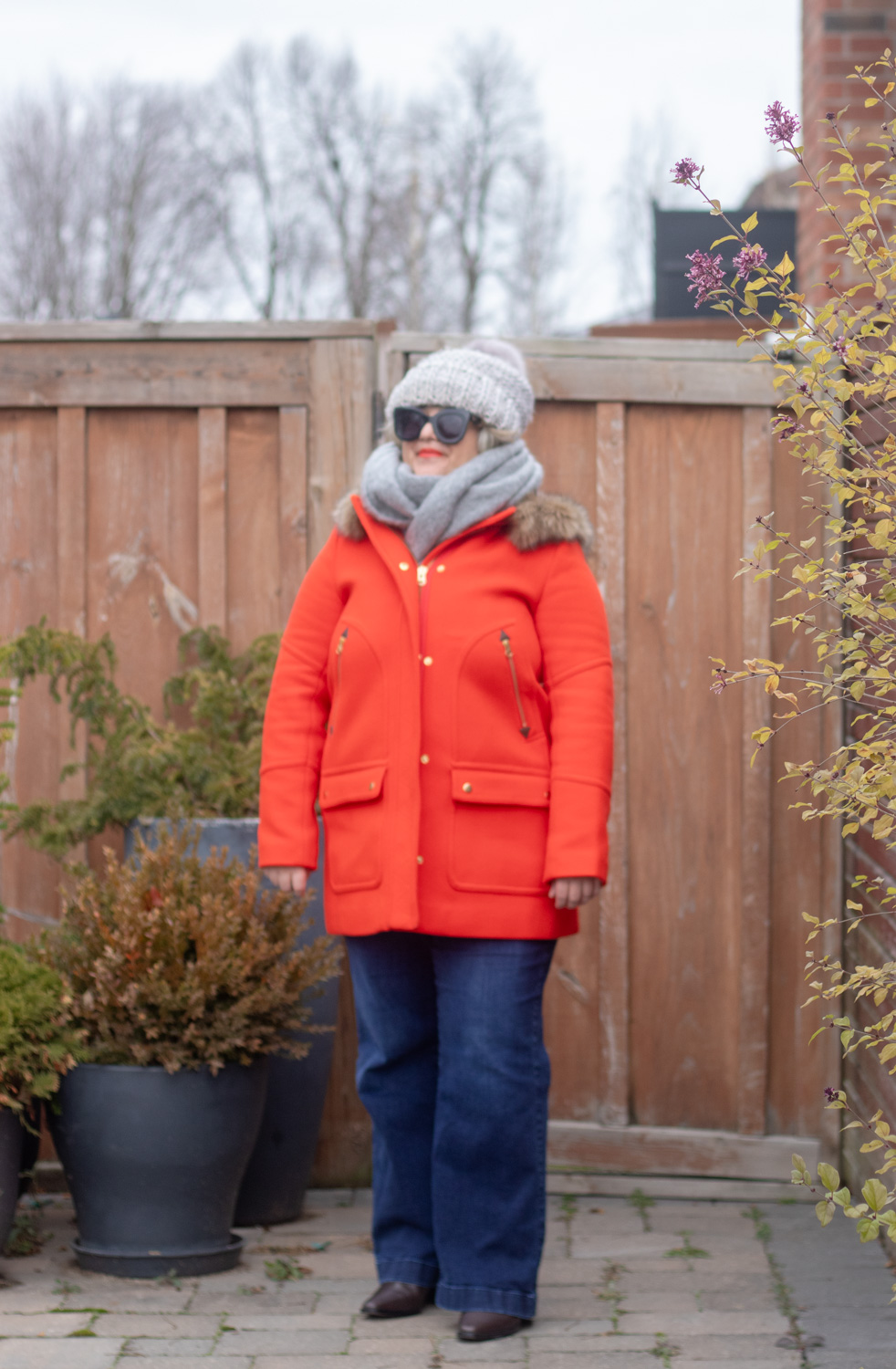 red coat and grey