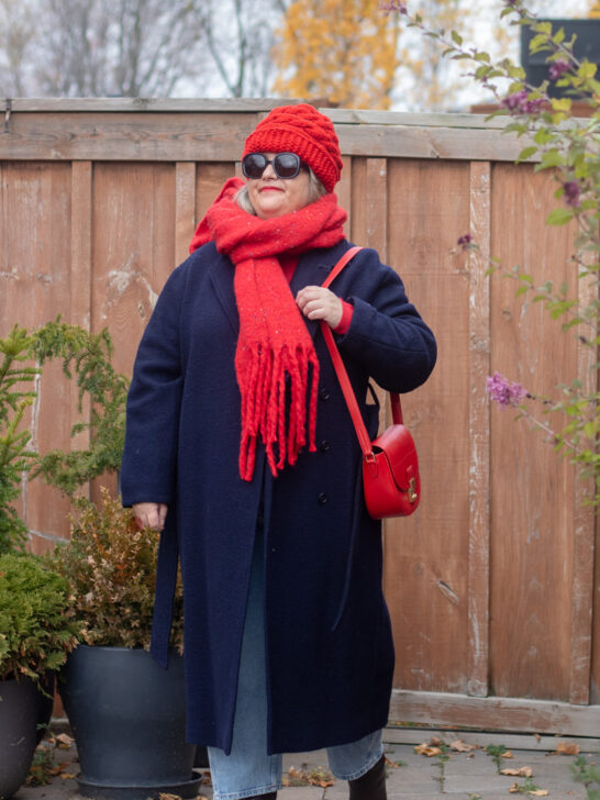 navy belted coat, red accessories, late fall outfit