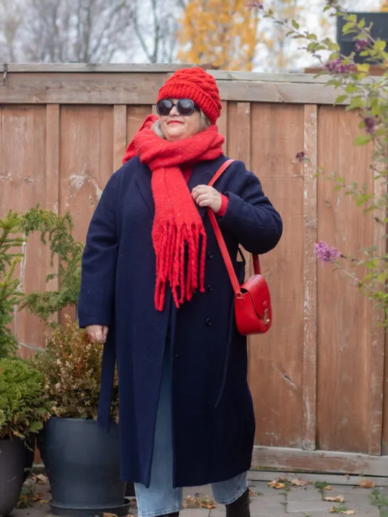 navy belted coat, red accessories, late fall outfit