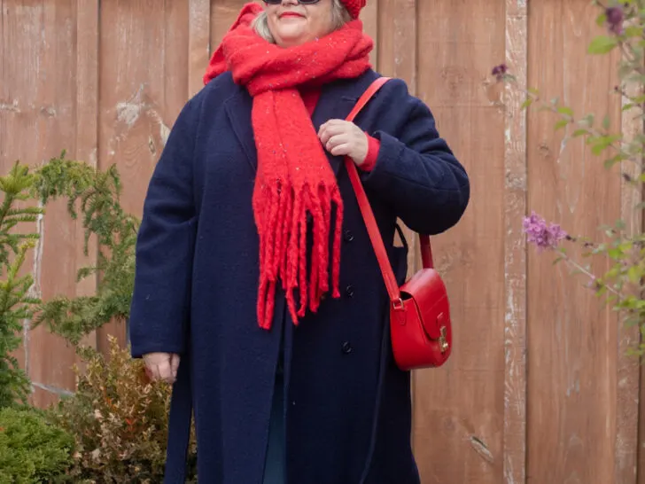 navy belted coat, red accessories, late fall outfit