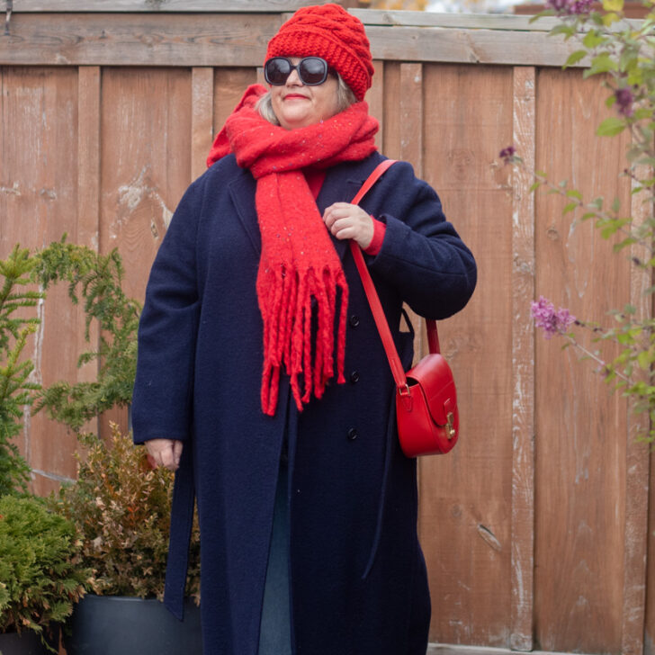 navy belted coat, red accessories, late fall outfit