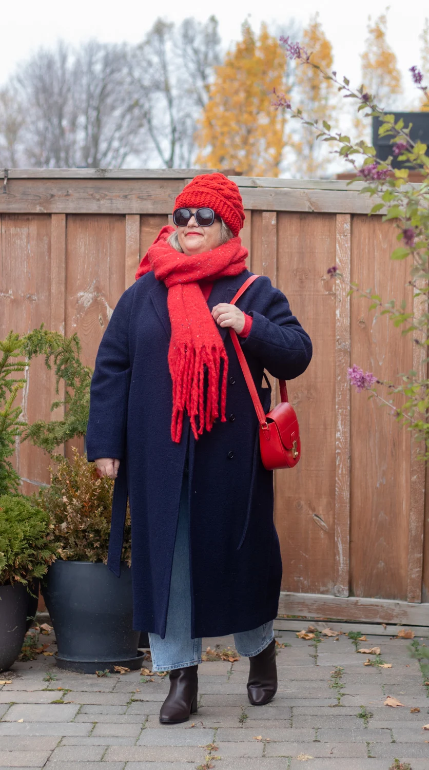 navy belted coat, red accessories, late fall outfit