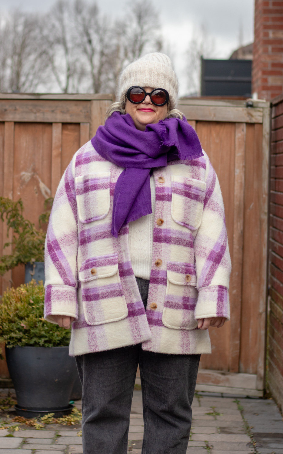 sezane paolo coat, purple plaid shacket