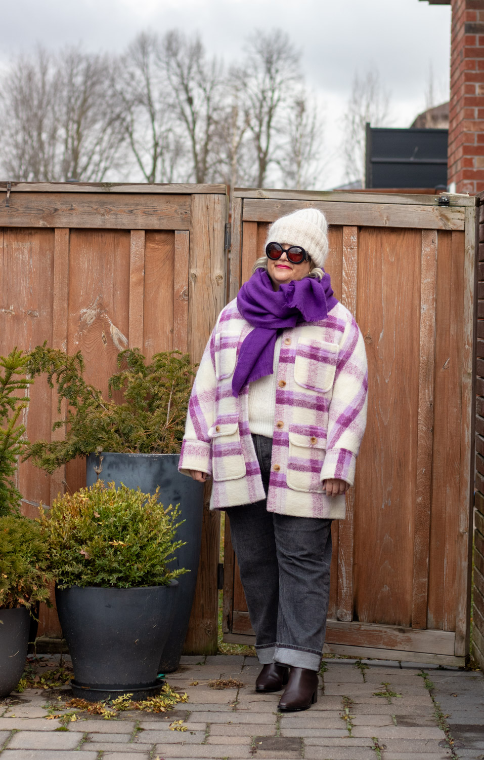 sezane paolo coat, purple plaid shacket