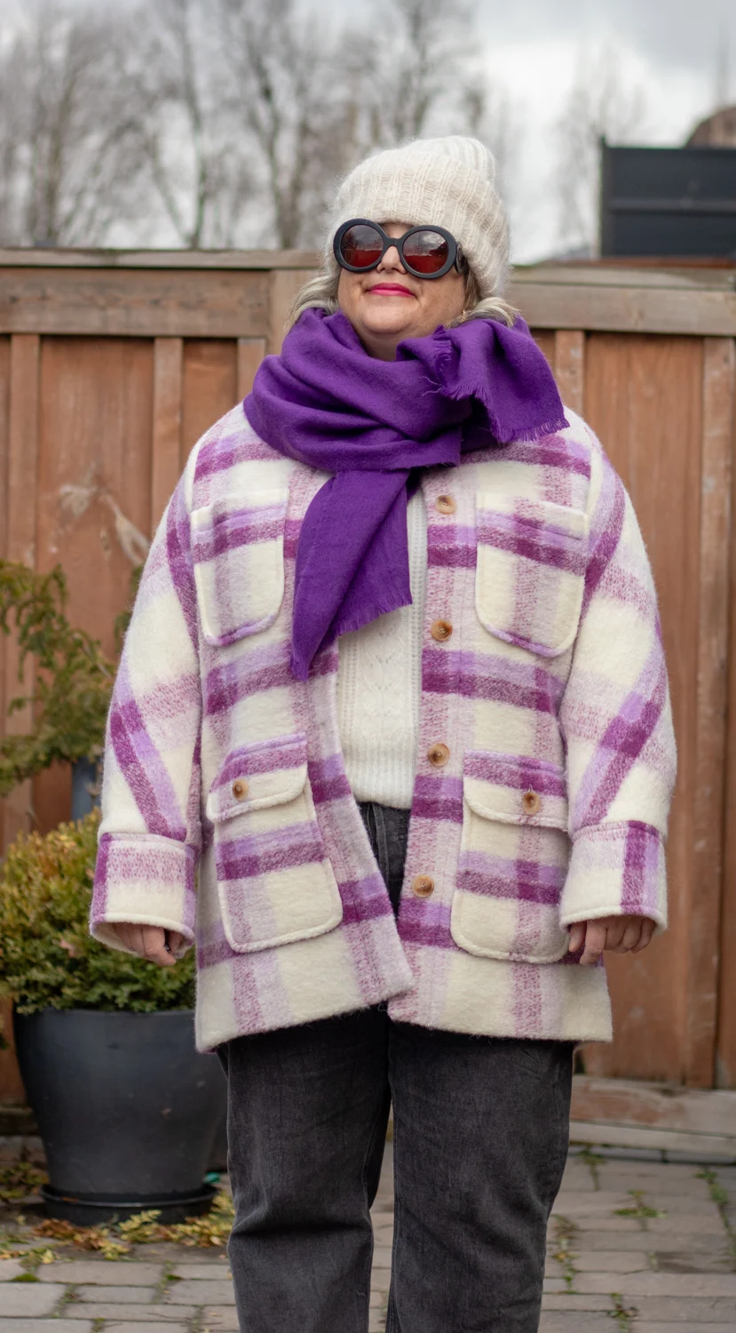 sezane paolo coat, purple plaid shacket