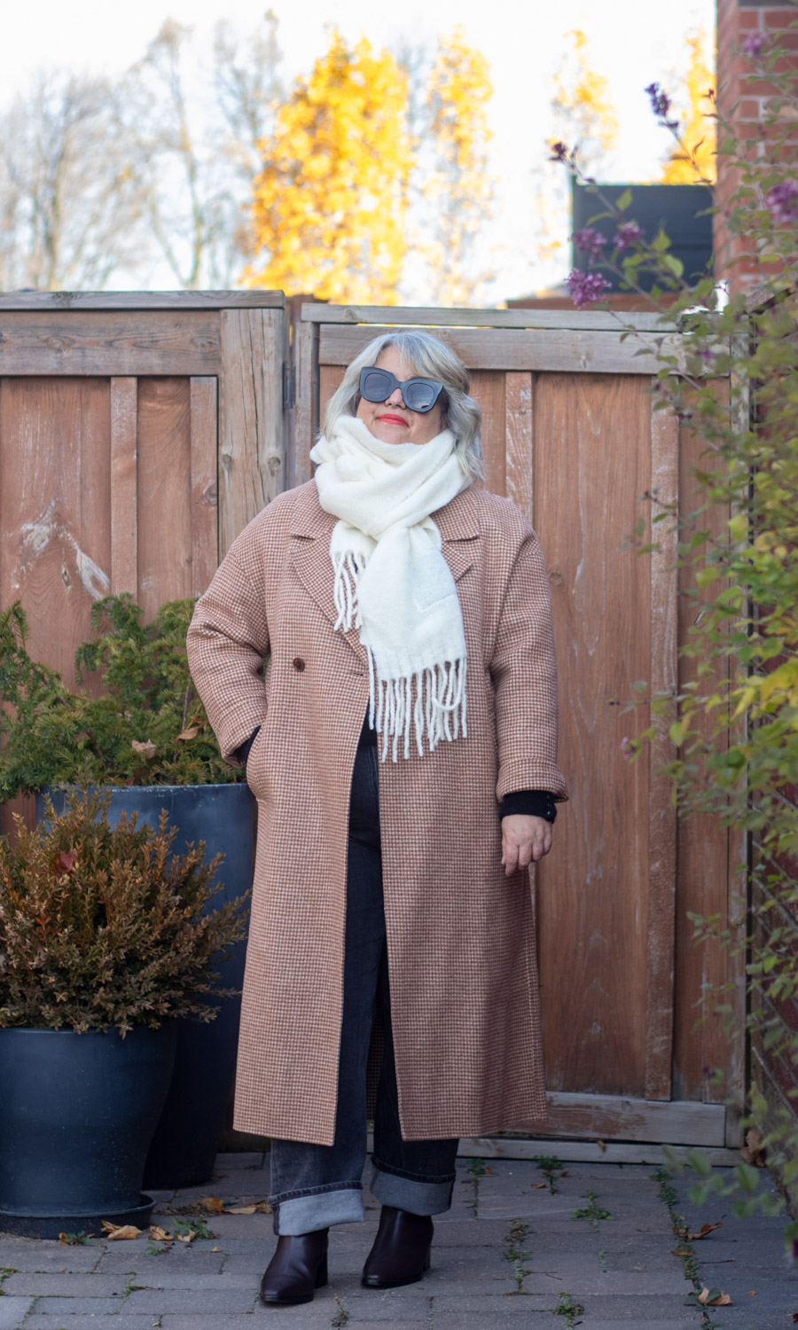 white scarf and houndstooth coat outfit