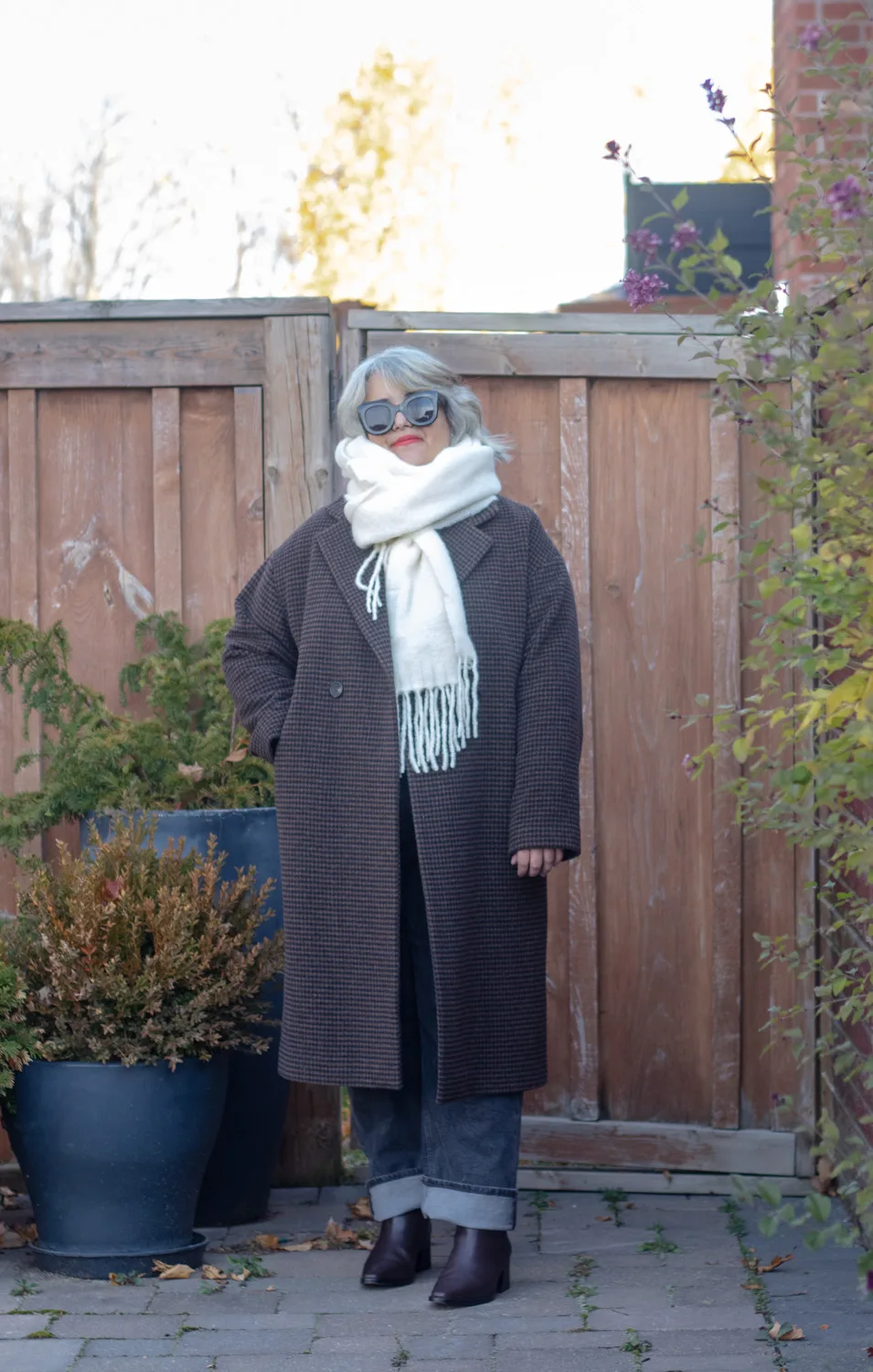 white scarf and houndstooth coat outfit