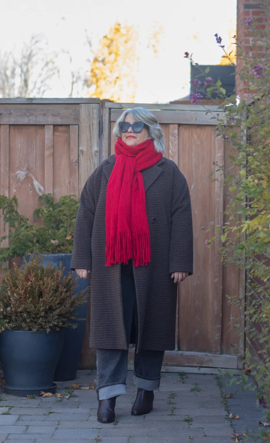 red scarf with houndstooth coat outfit