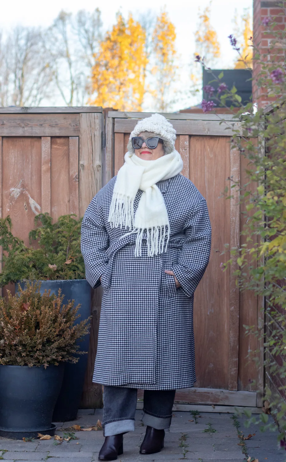 white scarf and houndstooth coat outfit