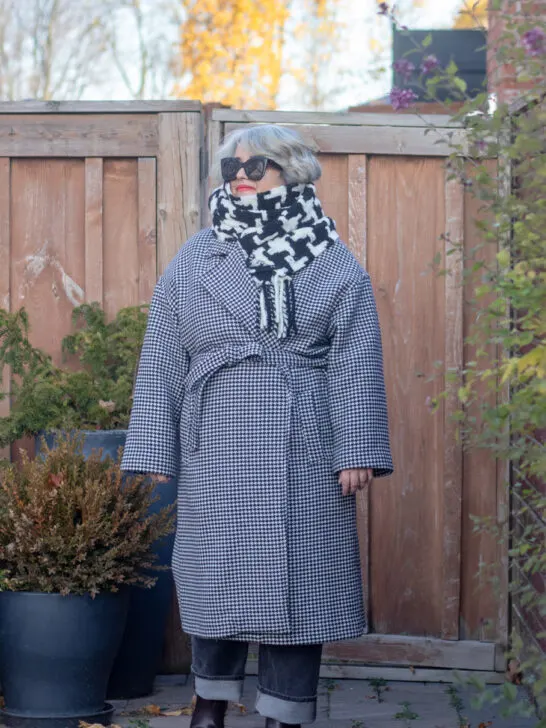 black and white scarf with black and white houndstooth coat