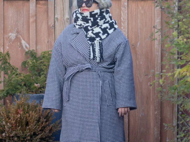 black and white scarf with black and white houndstooth coat