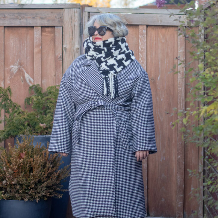 black and white scarf with black and white houndstooth coat