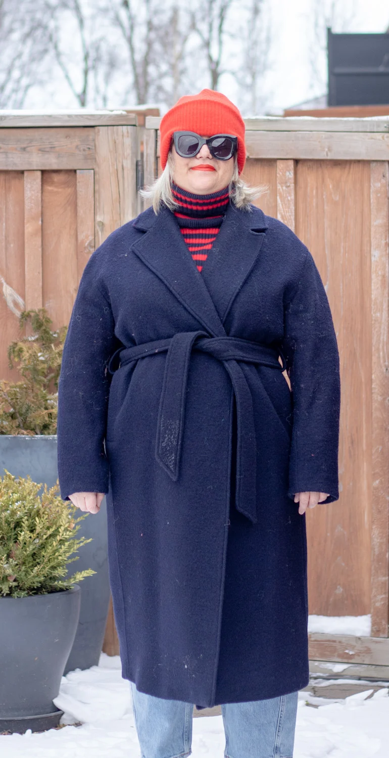 belted navy wool coat outfit