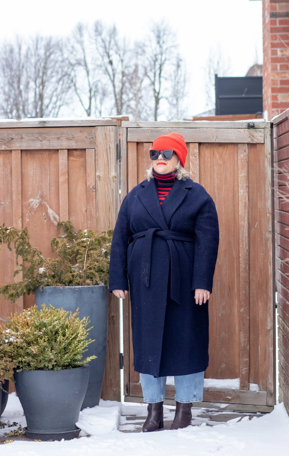 navy belted wool coat outfit