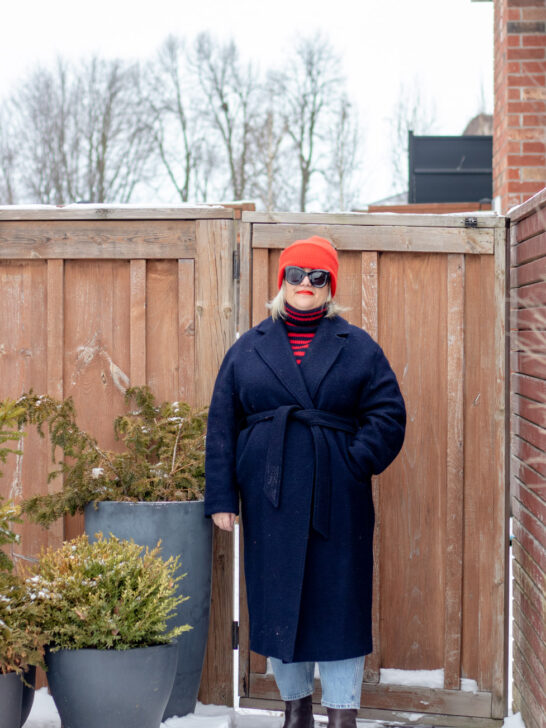 belted navy wool coat outfit