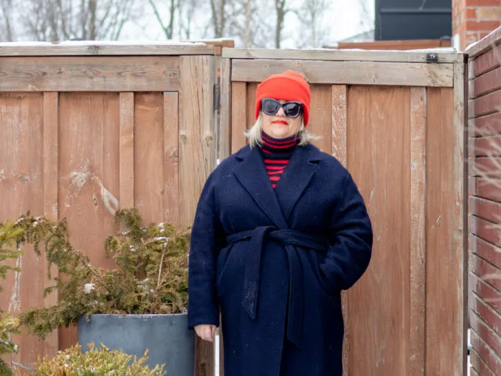 belted navy wool coat outfit