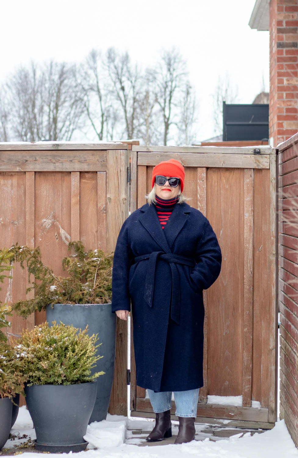 belted navy wool coat outfit