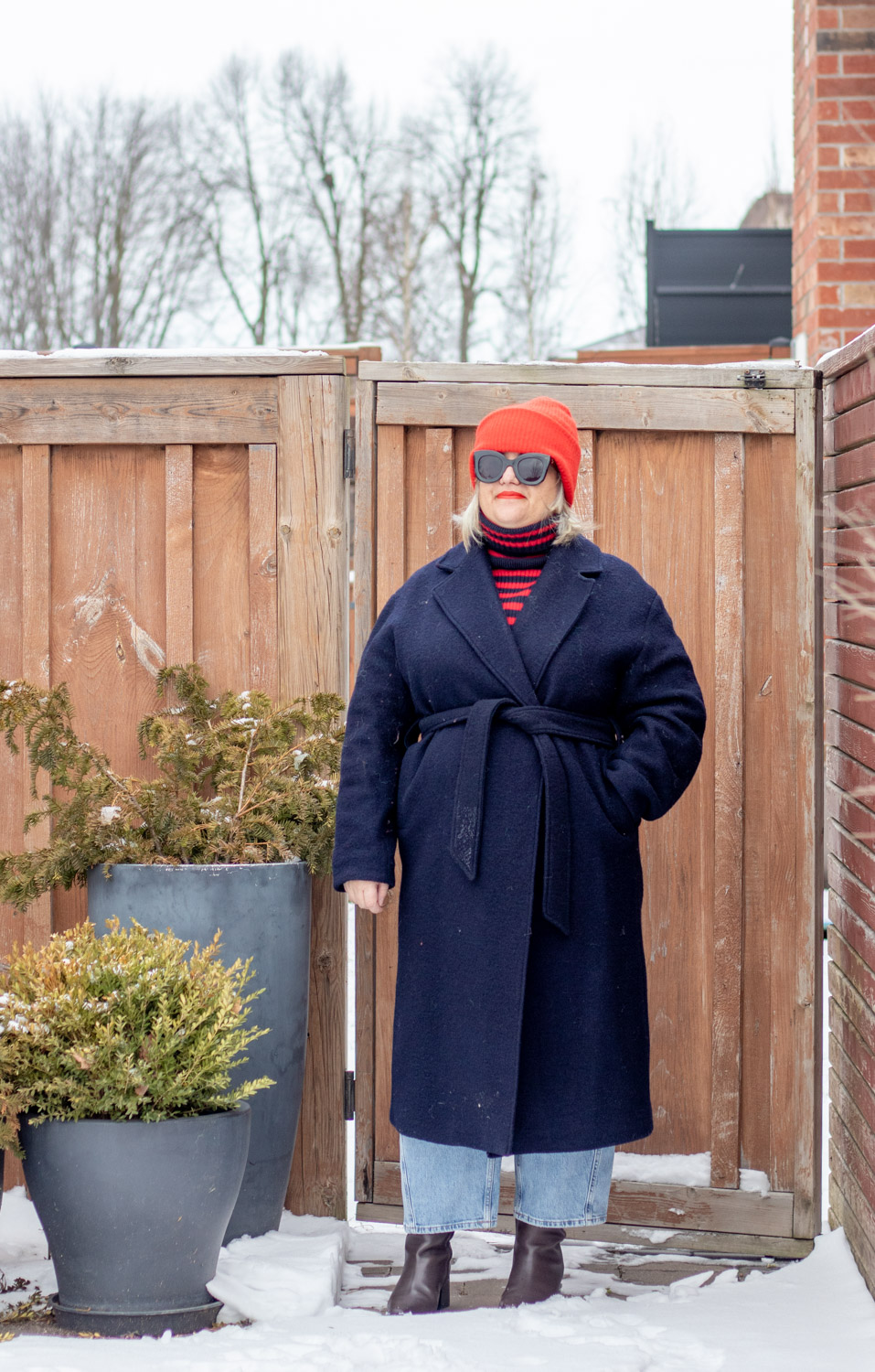 belted navy wool coat outfit