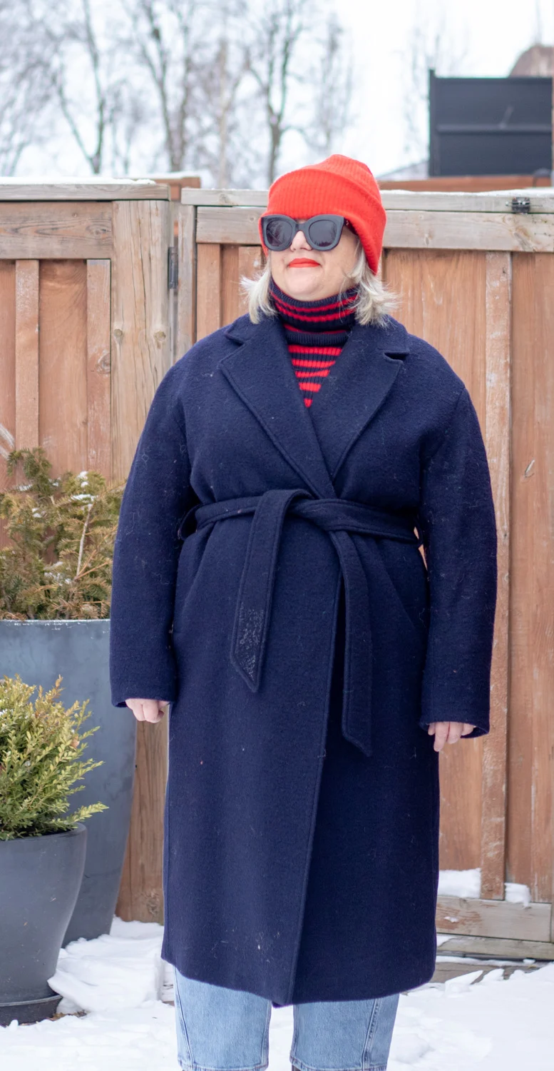 navy belted coat wool outfit