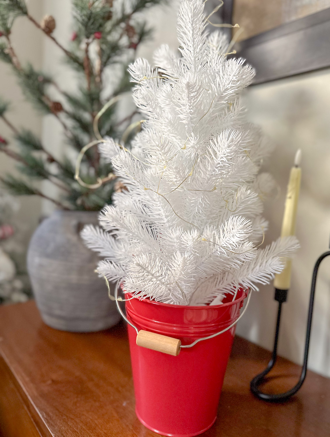 mini christmas tree in bucket