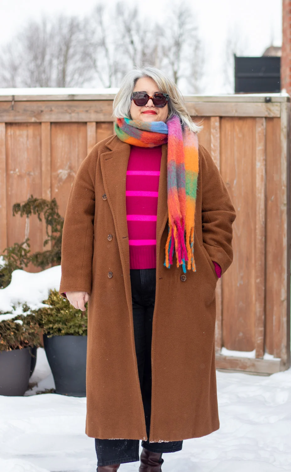 pink stripe sweater, colorful plaid scarf