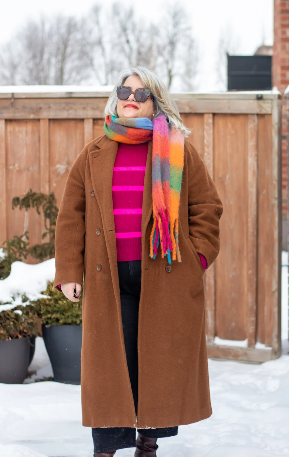 pink stripe sweater, colorful winter look