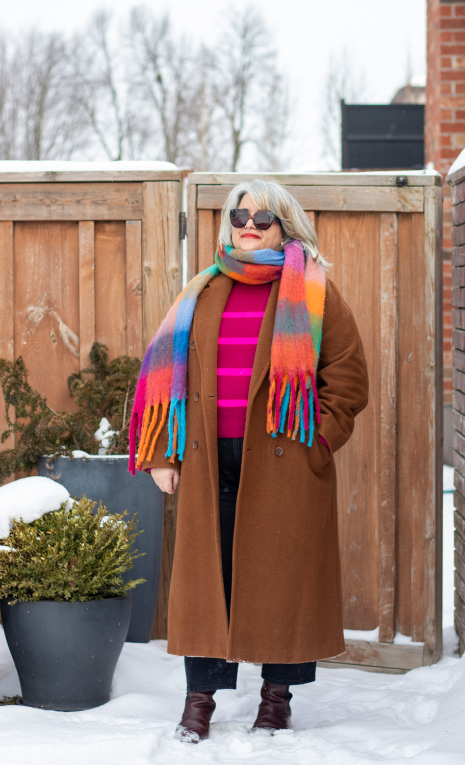 bright colours in winter outfit