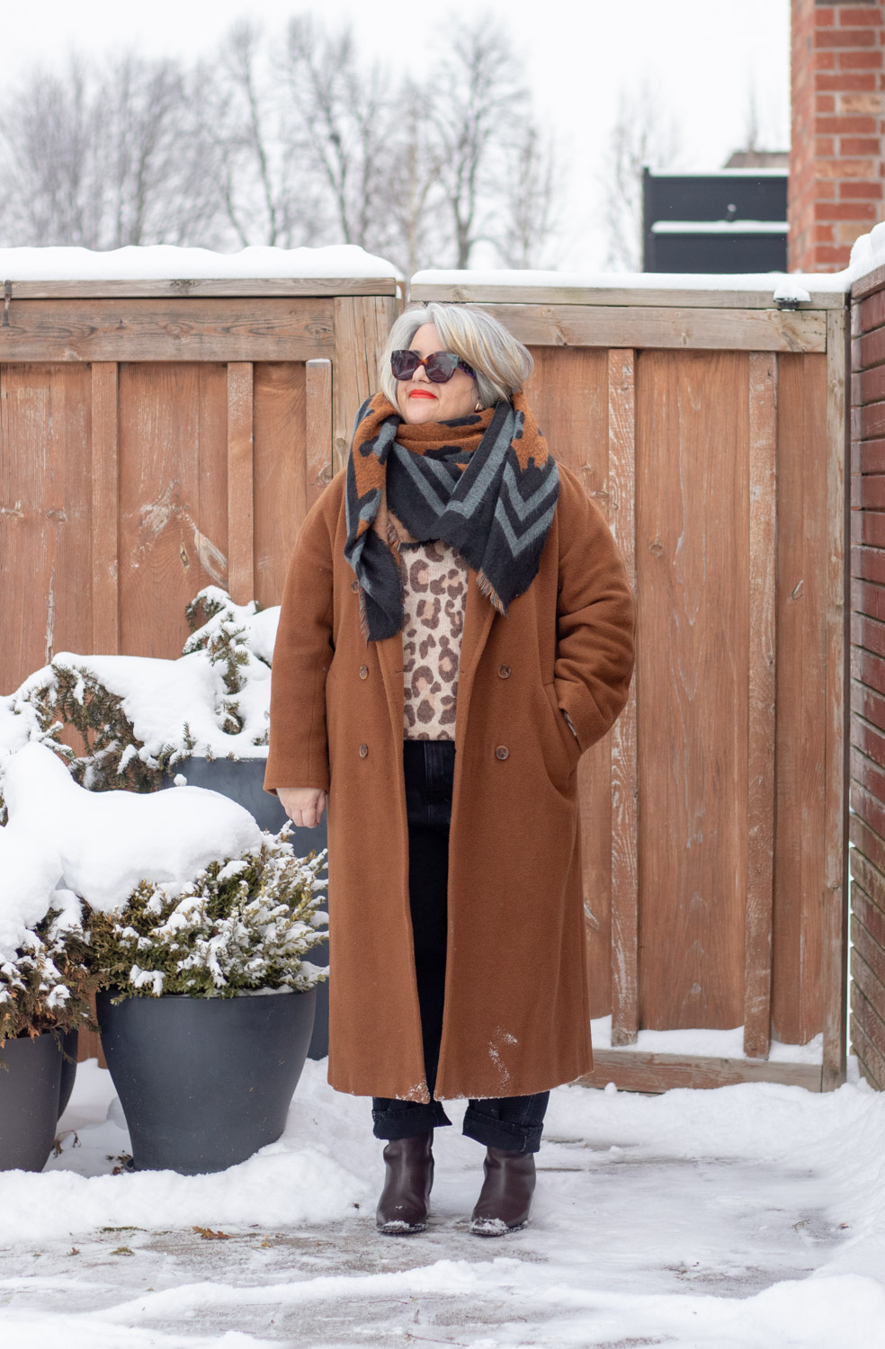 sezane leopard sweater, tonal brown outfit