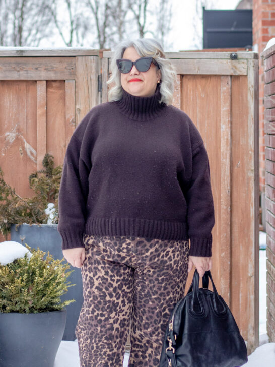 leopard jeans with dark brown knit