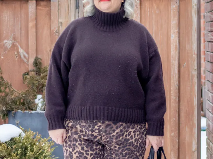 leopard jeans with dark brown knit