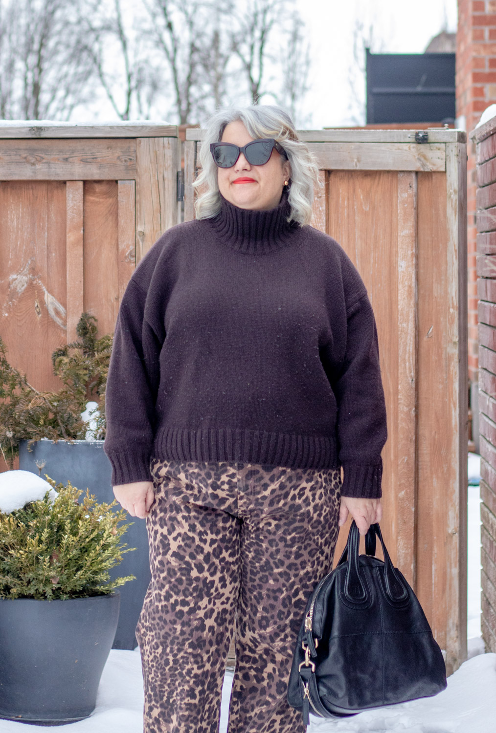 leopard jeans with dark brown knit